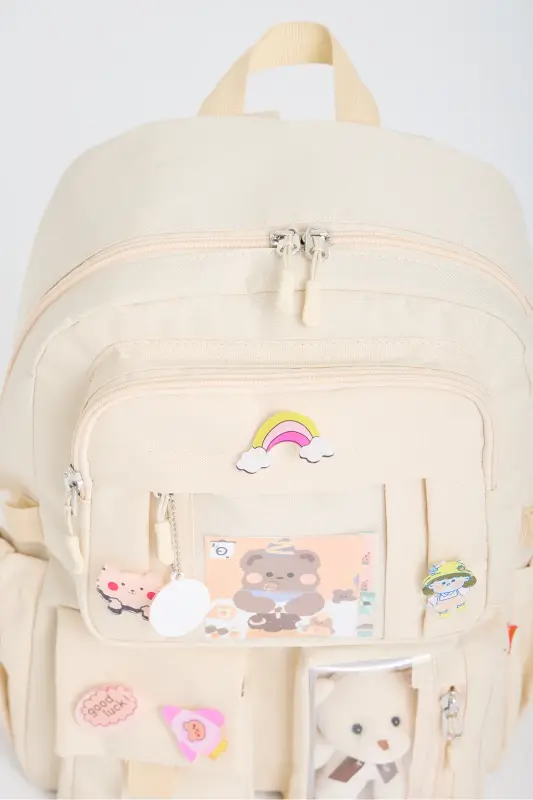 Kawaii Kore Tarzı Okul Çantası Aksesuarlı Kız Çocuk Ve Erkek Çocuk Sırt Çantası Koyu Krem-Koyu Krem - 3