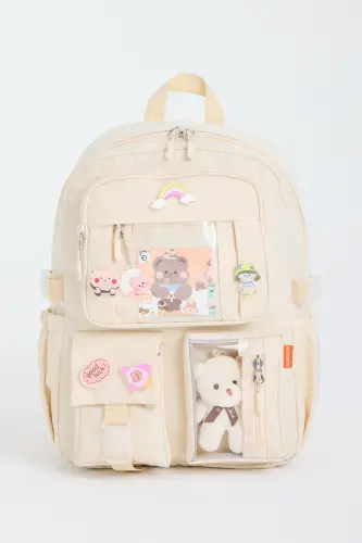 Kawaii Kore Tarzı Okul Çantası Aksesuarlı Kız Çocuk Ve Erkek Çocuk Sırt Çantası Koyu Krem-Koyu Krem 