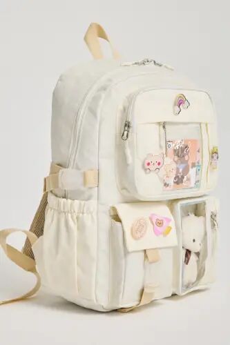 Kawaii Kore Tarzı Okul Çantası Aksesuarlı Kız Çocuk ve Erkek Çocuk Sırt Çantası Krem - Krem - 3