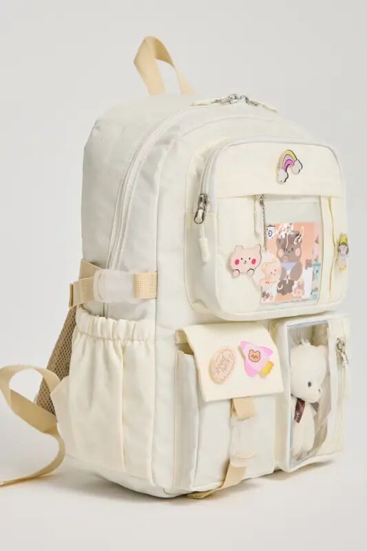 Kawaii Kore Tarzı Okul Çantası Aksesuarlı Kız Çocuk ve Erkek Çocuk Sırt Çantası Krem - Krem - 3