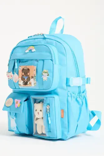 Kawaii Kore Tarzı Okul Çantası Aksesuarlı Kız Çocuk Ve Erkek Çocuk Sırt Çantası Turkuaz-Turkuaz - 3