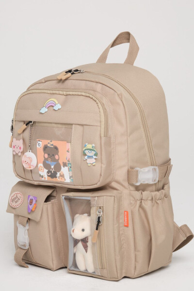 Kawaii Korean Style School Backpack with Accessories for Girls and Boys BEIGE - 2