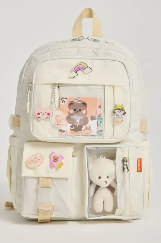 Kawaii Korean Style School Bag with Accessories for Girls and Boys Backpack Cream-Cream - 1