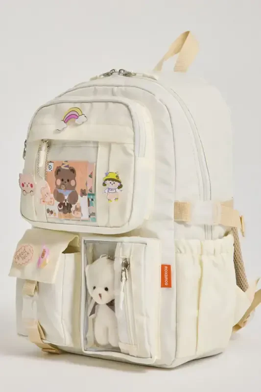 Kawaii Korean Style School Bag with Accessories for Girls and Boys Backpack Cream-Cream - 2