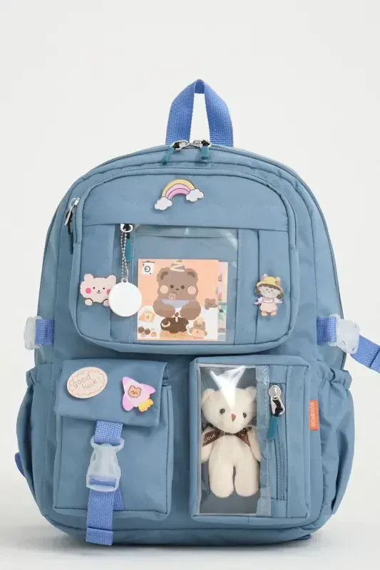 Kawaii Korean Style School Bag with Accessories for Girls and Boys Backpack Indigo-Indigo - Modazone
