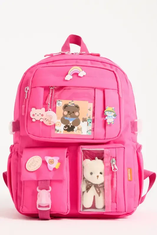 Kawaii Korean Style School Bag with Accessories for Girls and Boys Backpack Pink-Pink - ROXBROS