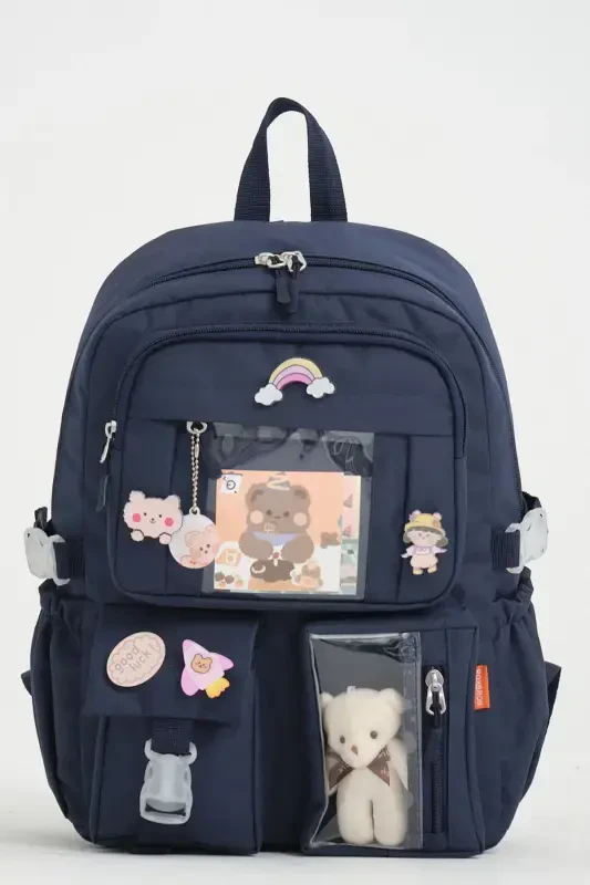 Kawaii Koreya uslubidagi maktab sumkasi Aksessuarlar bilan qizlar va o'g'il bolalar uchun ryukzak - To'q ko'k - ROXBROS