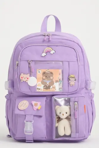Kawaii Koreys uslubidagi maktab sumkasi aksessuarlari bilan qizlar va o'g'il bolalar uchun ryukzak Binafsha-Binafsha 