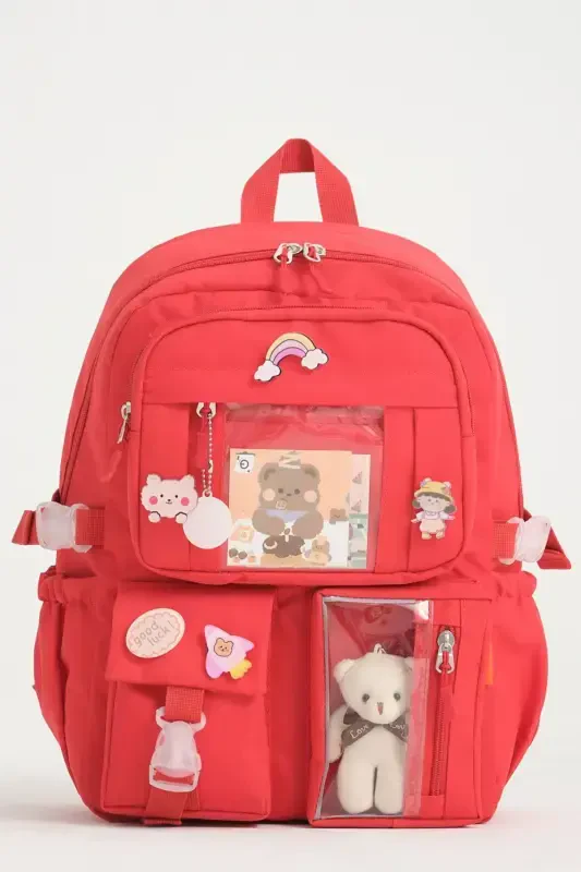 Kawaii Koreys uslubidagi maktab sumkasi, aksessuarlari bilan qizlar va o'g'il bolalar uchun ryukzak, qizil-qizil - 1