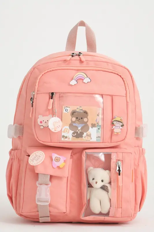 Kawaii Koreys uslubidagi maktab sumkasi, aksessuarlari bilan qizlar va o'g'il bolalar uchun ryukzak, upa-upa - 1