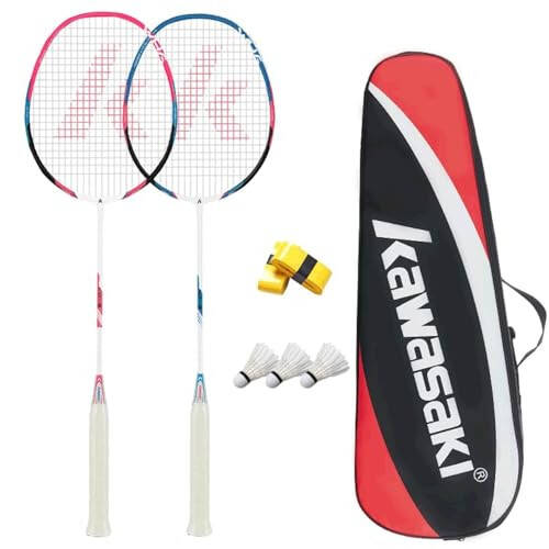 Kawasaki Badminton Set Professional Graphite Badminton Racket Lightweight & high Performance for Sports, Training and Entertainment Including 3 Badminton shuttlecocks & 2 overgrips & Carrying Bag - 2