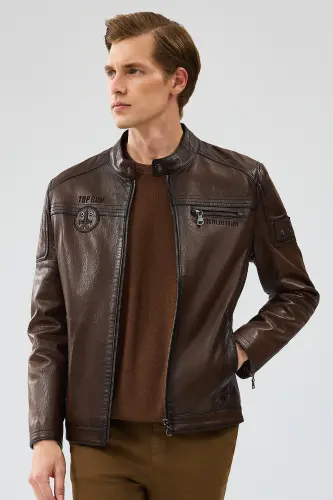 Kawhi Erkek Kahverengi Slim-Fit Armalı Deri Mont 20SGD6351BT - KAHVE-KAHVE - 6