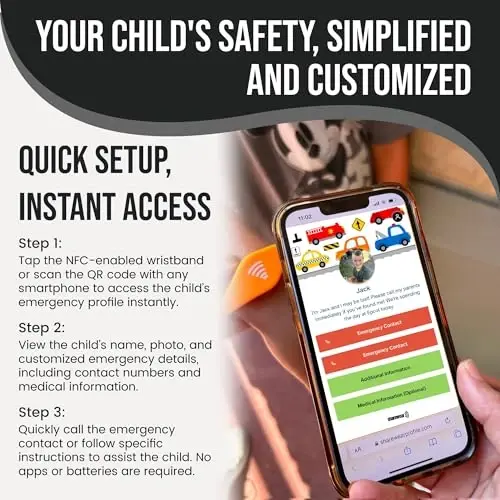 Kids ID Bracelet – NFC Emergency Contact Wristband, Adjustable 5.5–7.5”, Waterproof Silicone Safety Band, Not GPS, Travel & School Child Safety Bracelet - 6