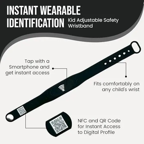 Sharewear Smart Bands for Kids if Lost, Child Safety ID Wristband, NFC Bracelet for Children, Smart Medical ID Band, Lost ID Bracelet, Disney Essentials for Kids, QR Identification, Waterproof (Black) - Sharewear (1)
