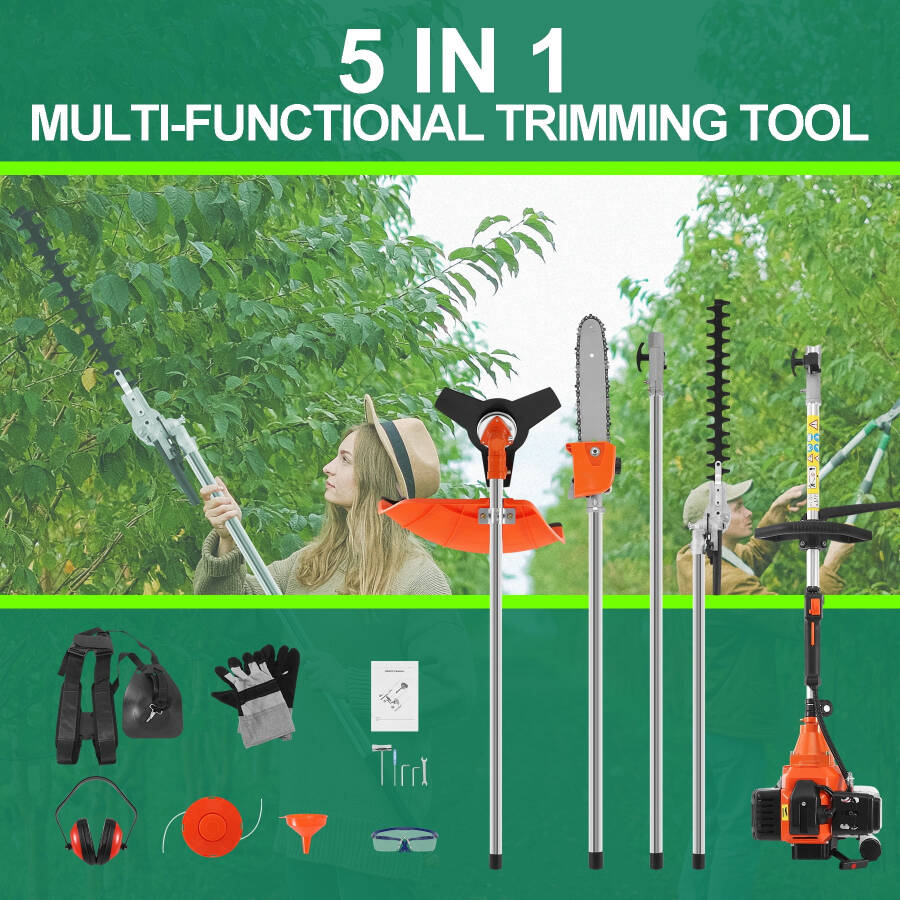 KAYESAMPRA 52cc 2-Stroke 5 in 1 Garden Hedge Trimmer Combo, Gas Powered Long Reach Pole Saw Grass String Trimmer Brush Tree Cutter Pruner Weed Eater Multi Functional Garden Trimming Tools - 2