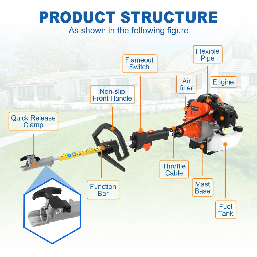 KAYESAMPRA 52cc 2-Stroke 5 in 1 Garden Hedge Trimmer Combo, Gas Powered Long Reach Pole Saw Grass String Trimmer Brush Tree Cutter Pruner Weed Eater Multi Functional Garden Trimming Tools - 3
