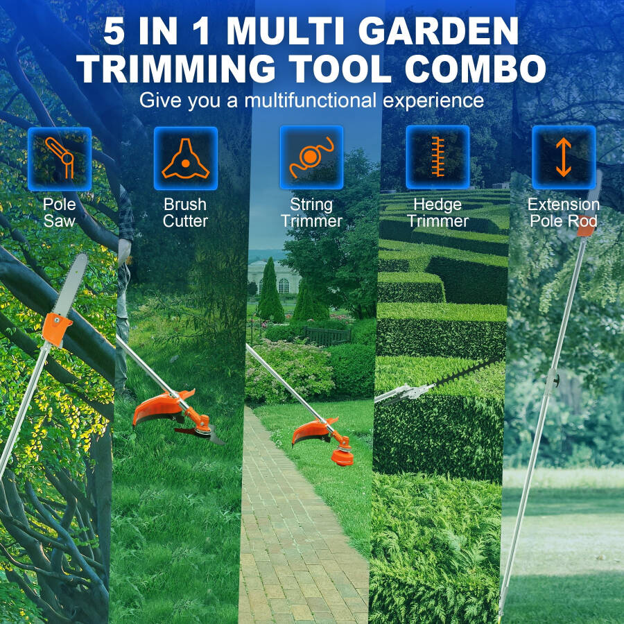 KAYESAMPRA 52cc 2-Stroke 5 in 1 Garden Hedge Trimmer Combo, Gas Powered Long Reach Pole Saw Grass String Trimmer Brush Tree Cutter Pruner Weed Eater Multi Functional Garden Trimming Tools - 10