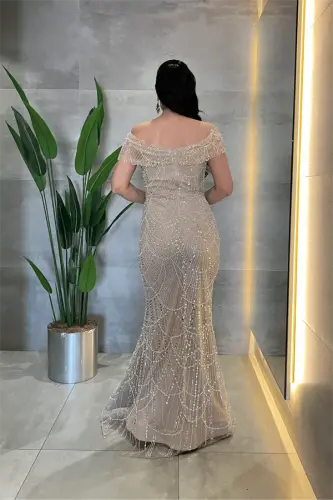 Kayık Yaka Boncuklu Kumaş Abiye Elbise - BEJ - 4