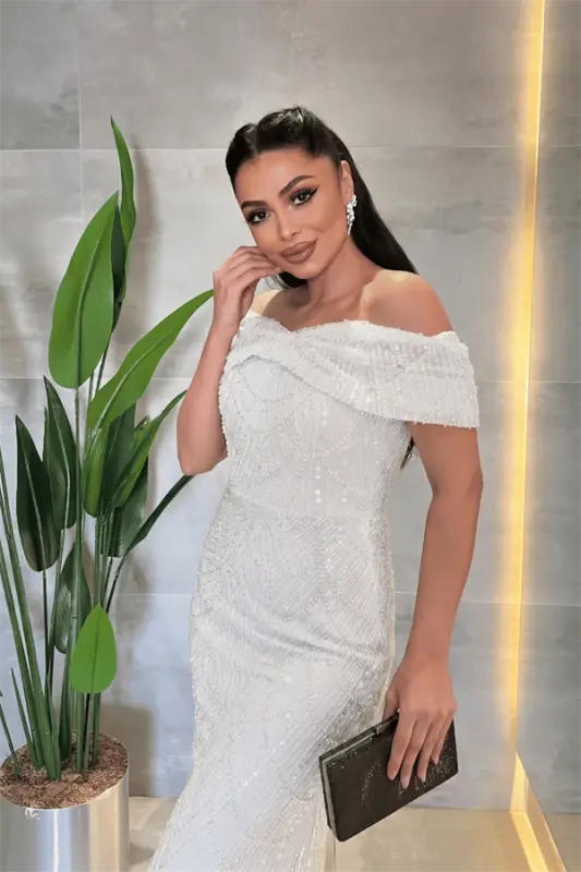 Kayık Yaka Boncuklu Kumaş Abiye Elbise - BEYAZ - 3