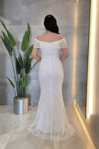 Kayık Yaka Boncuklu Kumaş Abiye Elbise - BEYAZ - 4