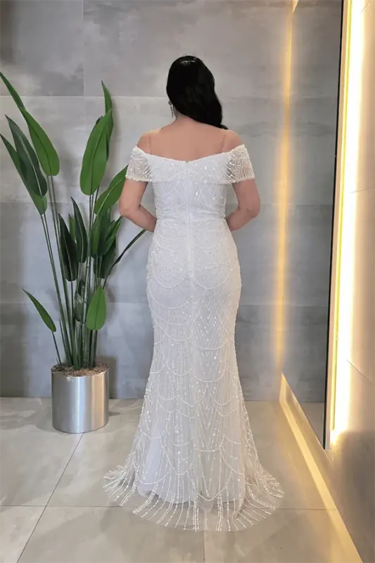 Kayık Yaka Boncuklu Kumaş Abiye Elbise - BEYAZ - 4