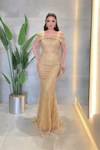 Kayık Yaka Boncuklu Kumaş Abiye Elbise - GOLD - 1