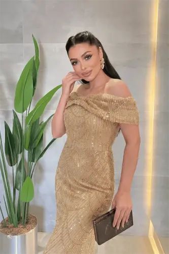 Kayık Yaka Boncuklu Kumaş Abiye Elbise - GOLD - 3