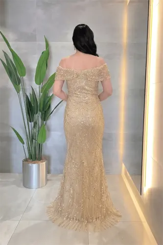 Kayık Yaka Boncuklu Kumaş Abiye Elbise - GOLD - 4