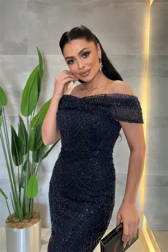 Kayık Yaka Boncuklu Kumaş Abiye Elbise - LACİVERT - 3