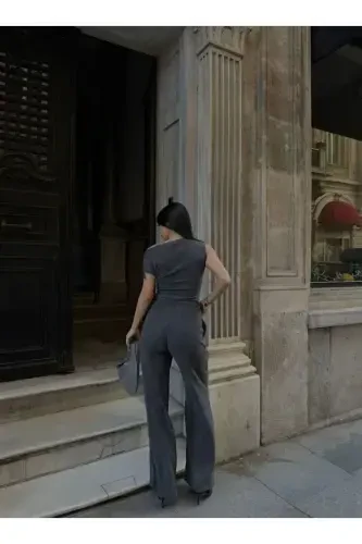 Kayık Yaka Büzgülü Bluz Pantolon Takım-ANTRASİT - EKIM STORE (1)