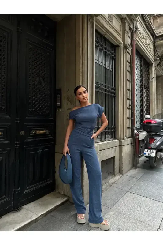 Kayık Yaka Büzgülü Bluz Pantolon Takım-MAVİ - 3