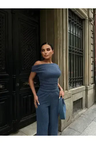 Kayık Yaka Büzgülü Bluz Pantolon Takım-MAVİ - 4