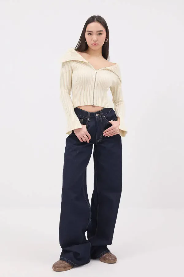 Kayık Yaka Fermuarlı Triko Hırka H1427 - 1