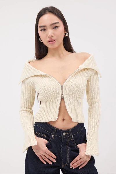 Kayık Yaka Fermuarlı Triko Hırka H1427 - 4