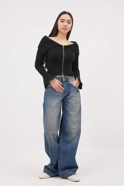 Kayık Yaka Fermuarlı Triko Hırka H1427 - ADDAX