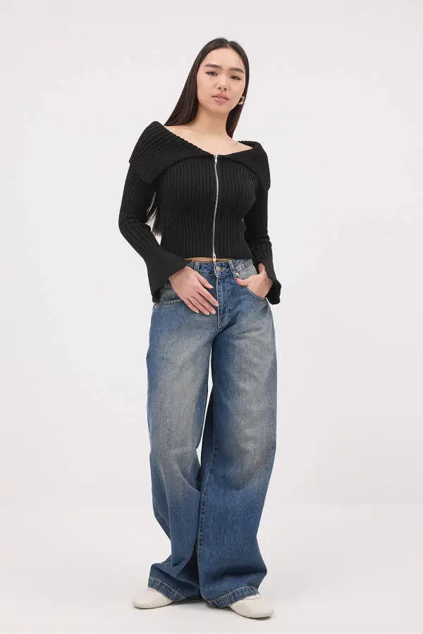 Kayık Yaka Fermuarlı Triko Hırka H1427 - 1