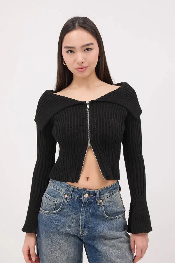 Kayık Yaka Fermuarlı Triko Hırka H1427 - 4