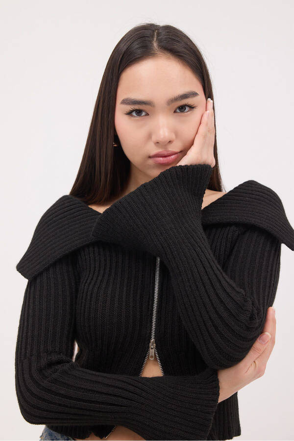Kayık Yaka Fermuarlı Triko Hırka H1427 - Siyah - 2