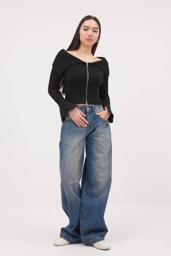 Kayık Yaka Fermuarlı Triko Hırka H1427 - 1