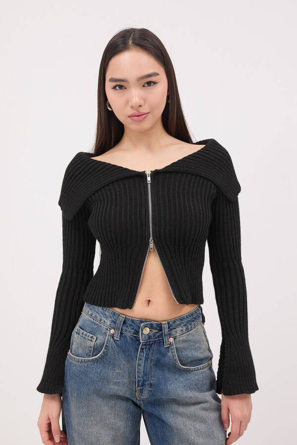 Kayık Yaka Fermuarlı Triko Hırka H1427 - 4