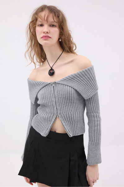 Kayık Yaka Fermuarlı Triko Hırka H1427 - 4