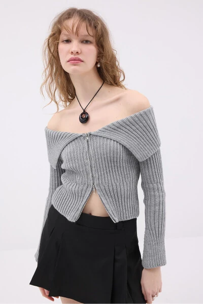 Kayık Yaka Fermuarlı Triko Hırka H1427 - 4