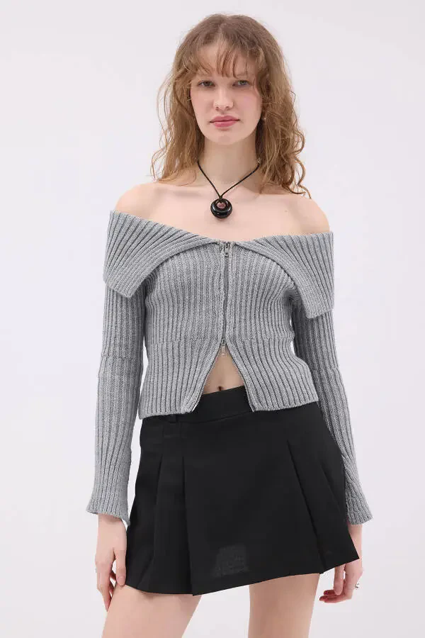 Kayık Yaka Fermuarlı Triko Hırka H1427 - 6