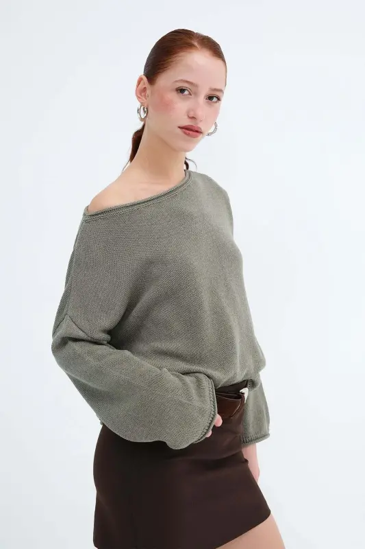 Kayık Yaka Triko Kazak K10237-A5-Adaçayı - ADDAX