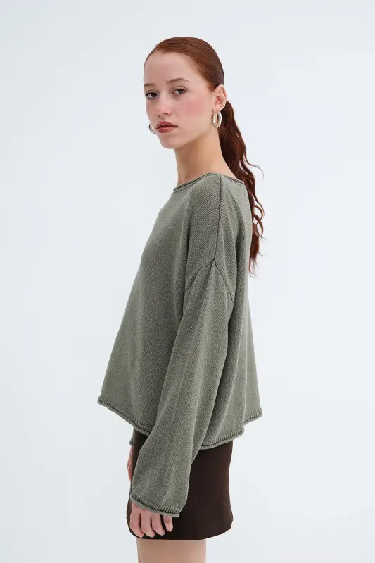 Kayık Yaka Triko Kazak K10237-A5-Adaçayı - 4