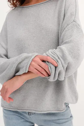 Kayık Yaka Triko Kazak K10237-A5-Gri Melanj - 3