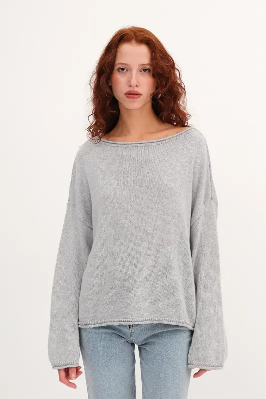 Kayık Yaka Triko Kazak K10237-A5-Gri Melanj - 6