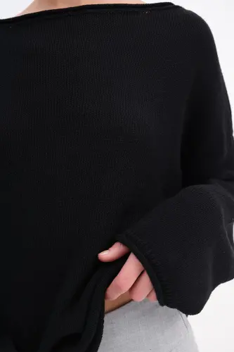 Kayık Yaka Triko Kazak K10237-A5-Siyah - 3