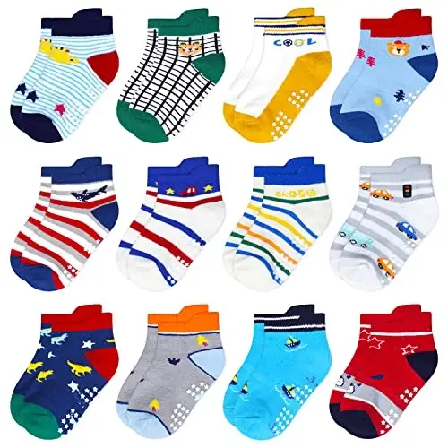 SkiBeaut Toddlers Kids Non Slip Socks Grips Sticky Slippery Crew Socks for 1-7 Years Old 12 Pairs Children Boys Girls Socks - 1