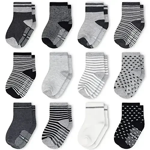 SkiBeaut Toddlers Kids Non Slip Socks Grips Sticky Slippery Crew Socks for 1-7 Years Old 12 Pairs Children Boys Girls Socks 